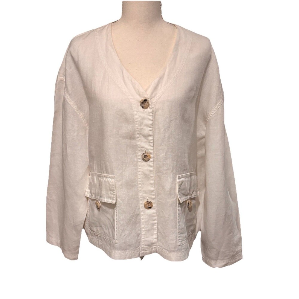 J. Jill White 100% Linen Lightweight Summer Jacket With Pockets Sz 8